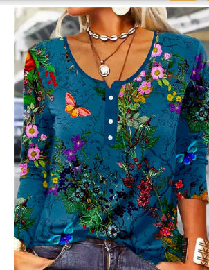 T-shirt à manches longues pour femme, à col en U et motif floral géométrique.