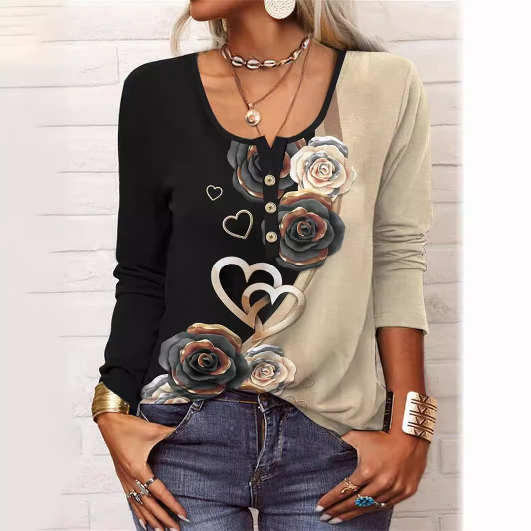 T-shirt à manches longues pour femme, à col en U et motif floral géométrique.