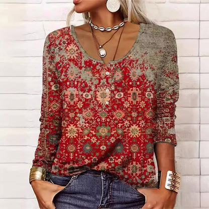 T-shirt à manches longues pour femme, à col en U et motif floral géométrique.