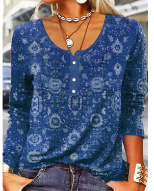 T-shirt à manches longues pour femme, à col en U et motif floral géométrique.
