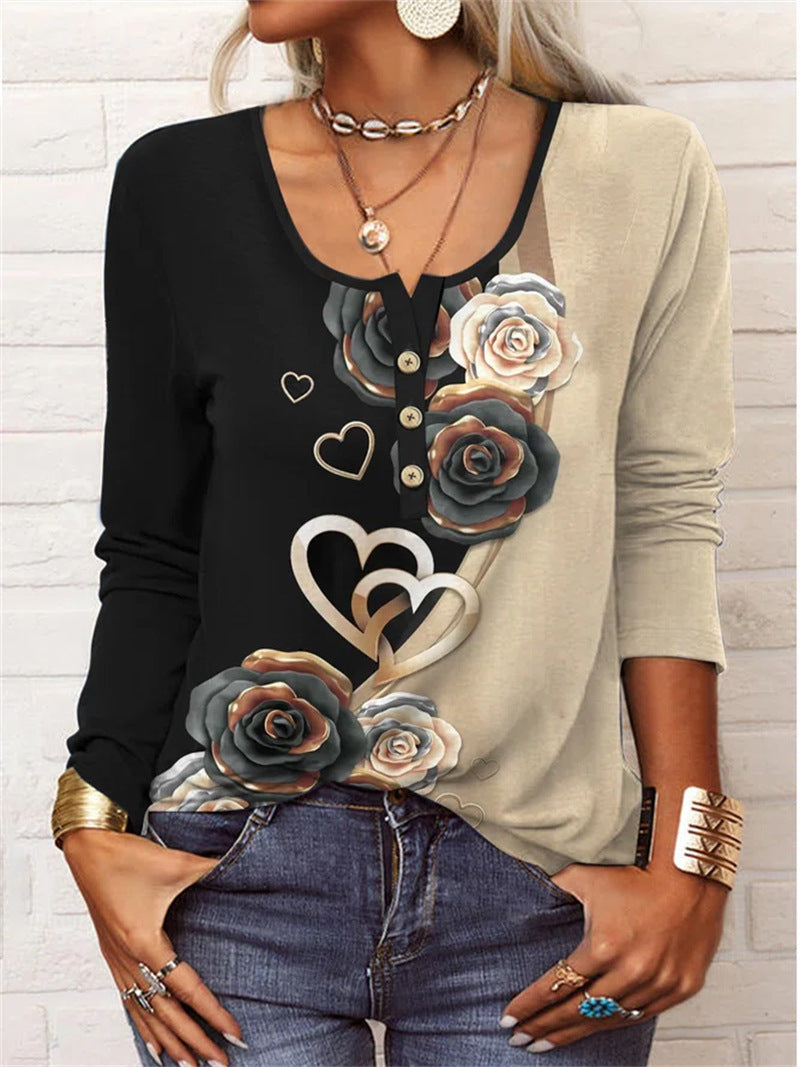T-shirt à manches longues pour femme, à col en U et motif floral géométrique.