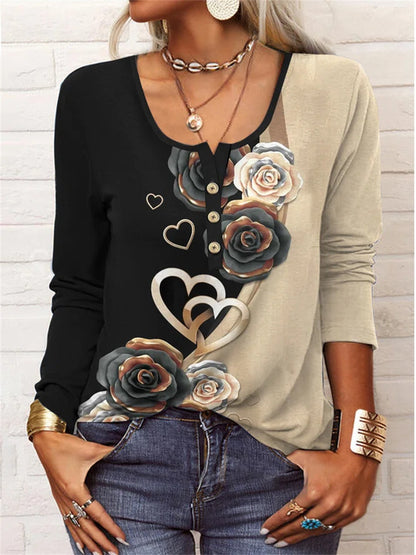 T-shirt à manches longues pour femme, à col en U et motif floral géométrique.