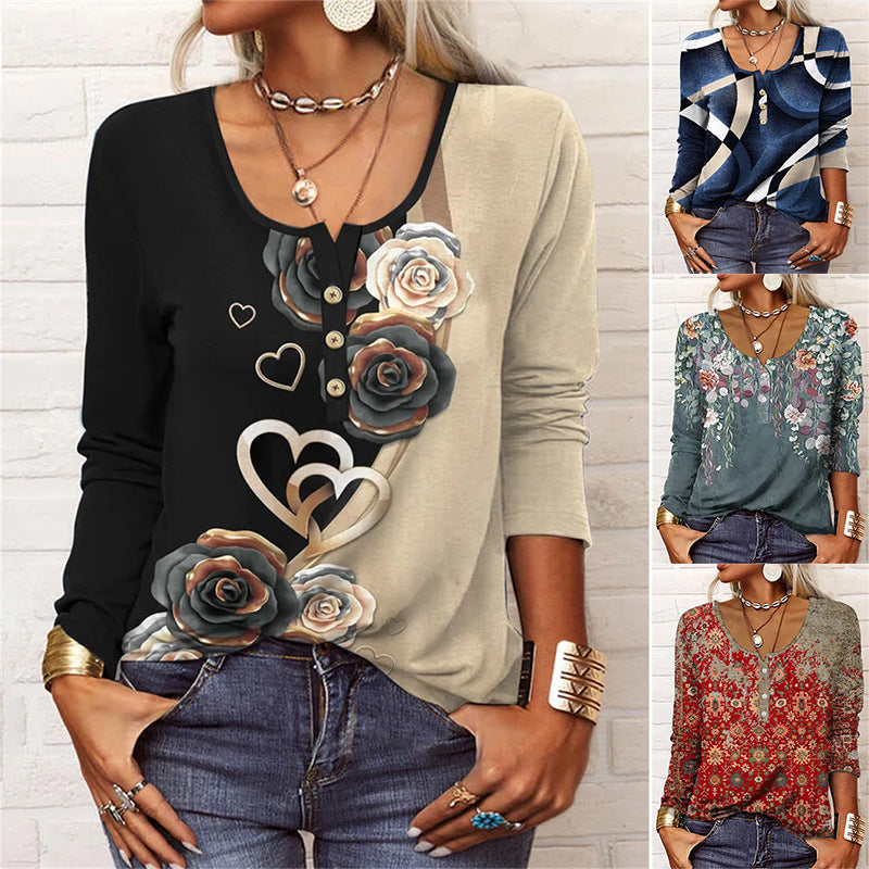 T-shirt à manches longues pour femme, à col en U et motif floral géométrique.