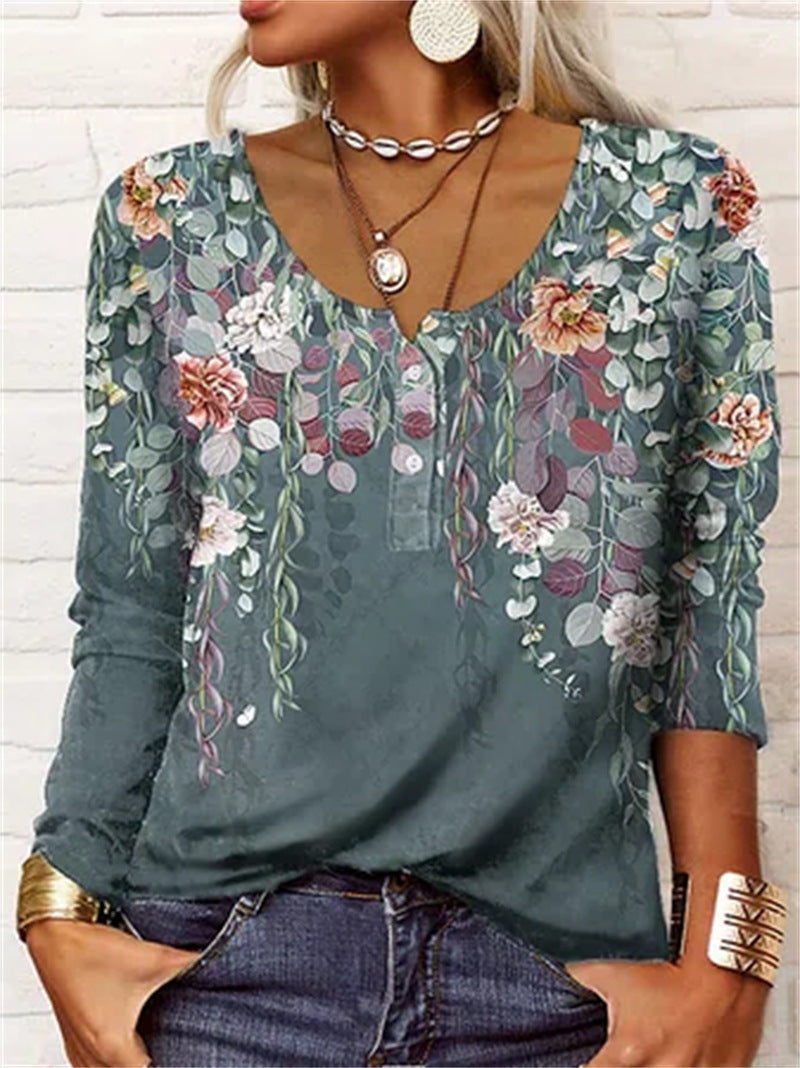 T-shirt à manches longues pour femme, à col en U et motif floral géométrique.