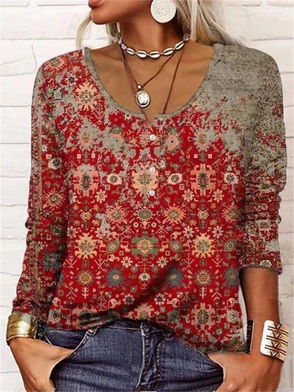T-shirt à manches longues pour femme, à col en U et motif floral géométrique.