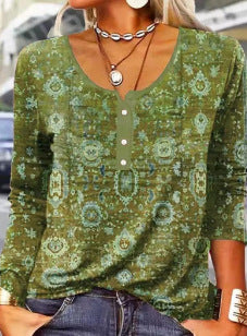 T-shirt à manches longues pour femme, à col en U et motif floral géométrique.