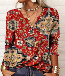 T-shirt à manches longues pour femme, à col en U et motif floral géométrique.