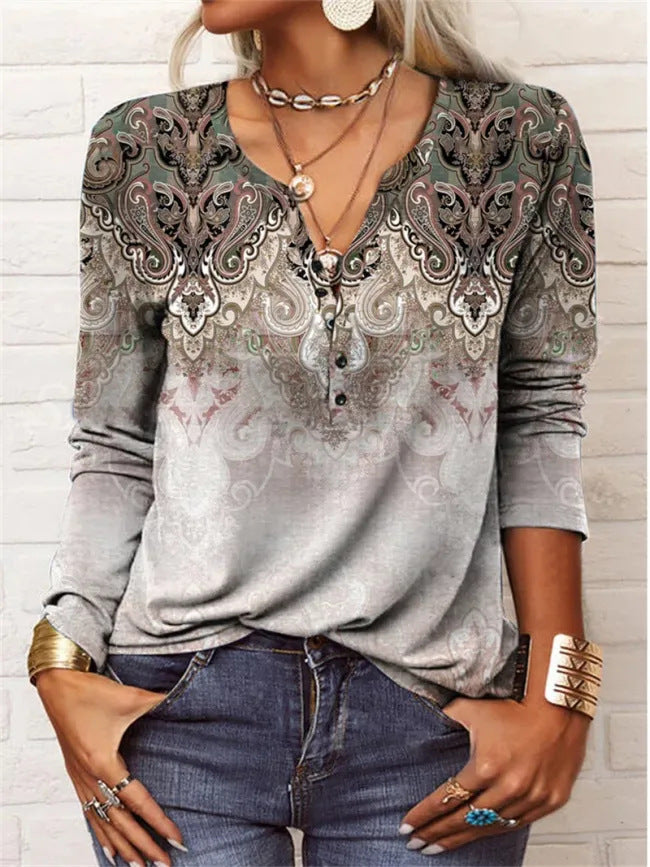 T-shirt à manches longues pour femme, à col en U et motif floral géométrique.