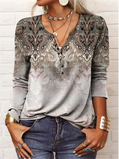 T-shirt à manches longues pour femme, à col en U et motif floral géométrique.