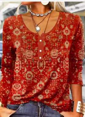 T-shirt à manches longues pour femme, à col en U et motif floral géométrique.