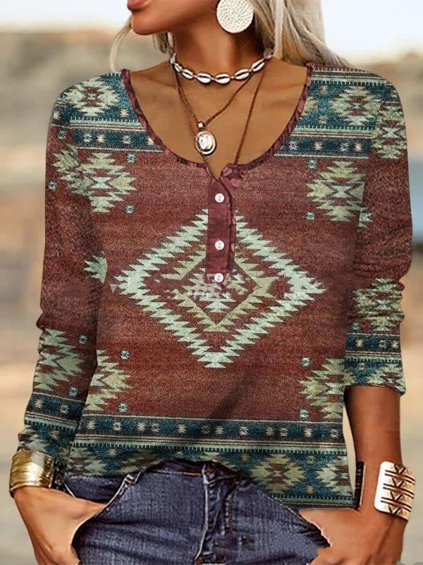 T-shirt à manches longues pour femme, à col en U et motif floral géométrique.