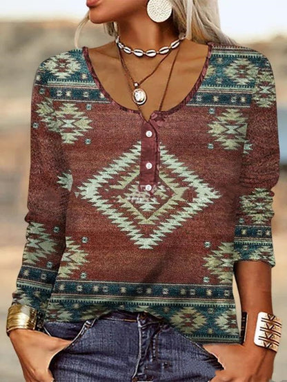 T-shirt à manches longues pour femme, à col en U et motif floral géométrique.