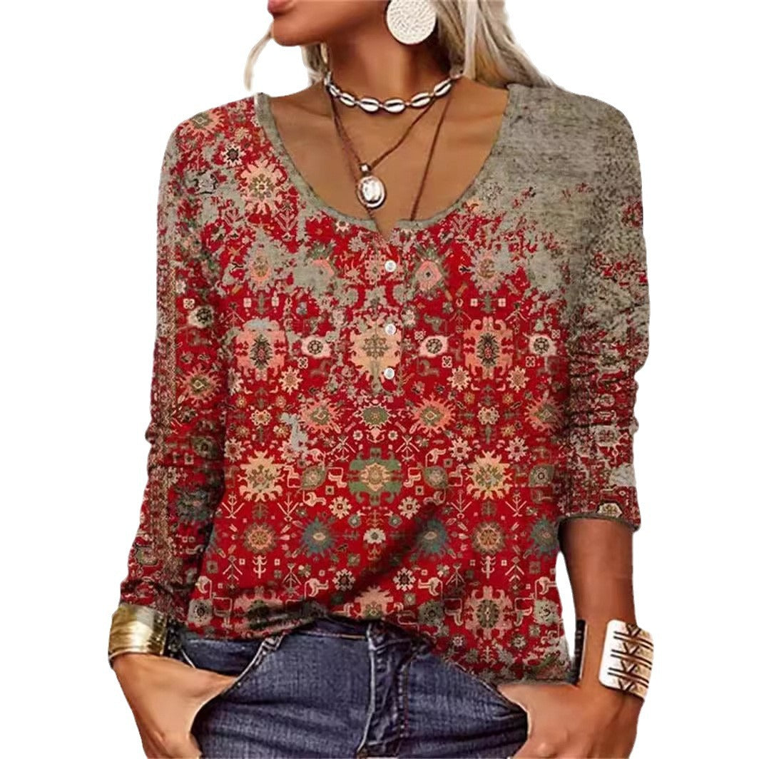 T-shirt à manches longues pour femme, à col en U et motif floral géométrique.