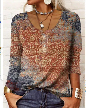 T-shirt à manches longues pour femme, à col en U et motif floral géométrique.